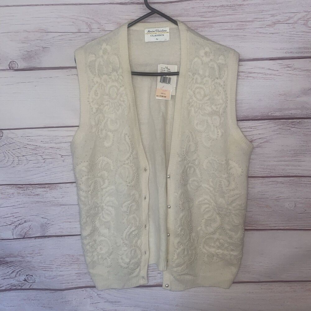 Marisa Christina Sweater Vest L Lambswool Angora Ivory Pearl Beaded Floral